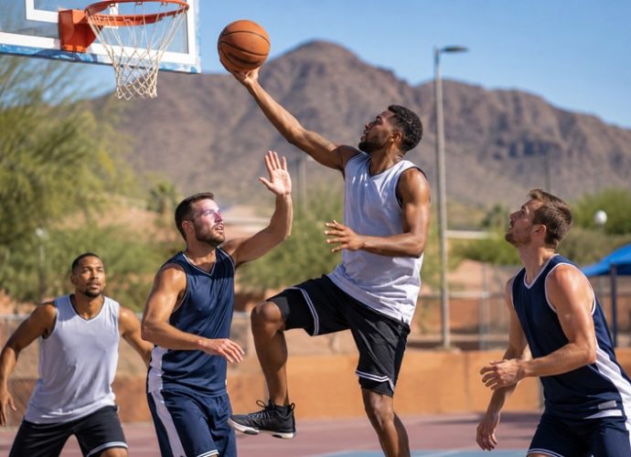 Players compete in an outdoor three-on-three basketball game.