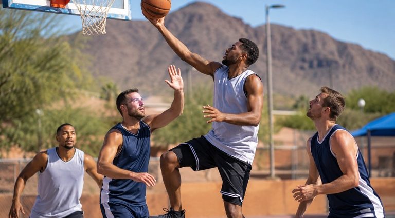 Players compete in an outdoor three-on-three basketball game.