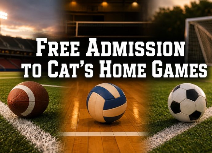 Football, volleyball and soccer balls promote free admission to Cats home games.