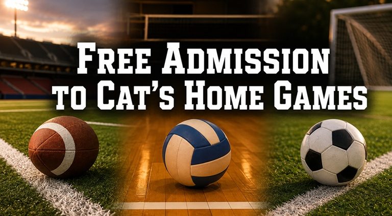 Football, volleyball and soccer balls promote free admission to Cats home games.