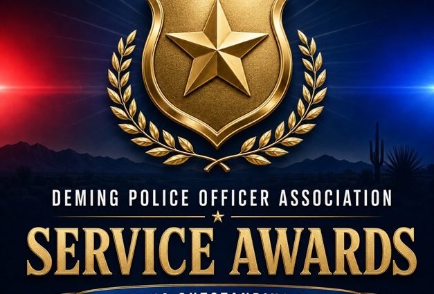 Gold police badge and laurel graphic reading “Deming Police Officer Association Service Awards” and “Honoring Outstanding Service.”