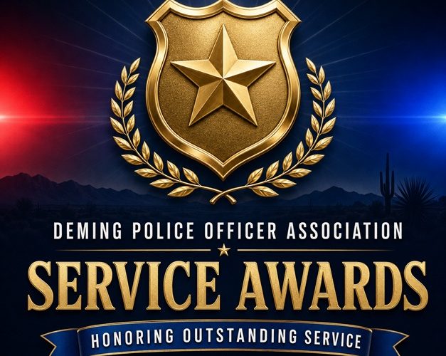 Gold police badge and laurel graphic reading “Deming Police Officer Association Service Awards” and “Honoring Outstanding Service.”