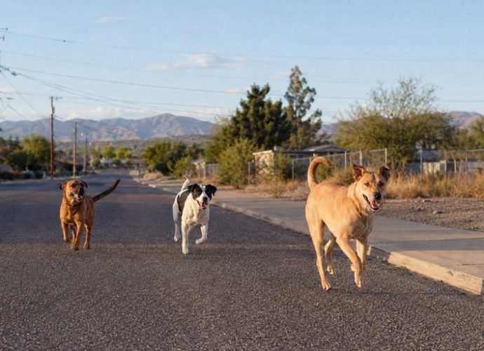Three dogs running loose along a residential street in Columbus, New Mexico.