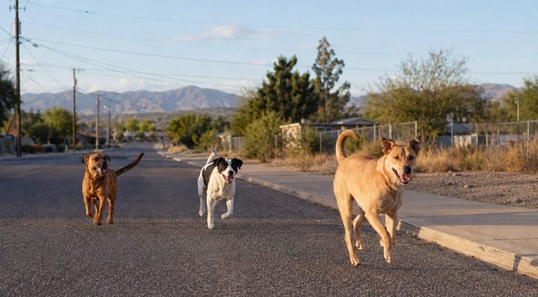 Three dogs running loose along a residential street in Columbus, New Mexico.