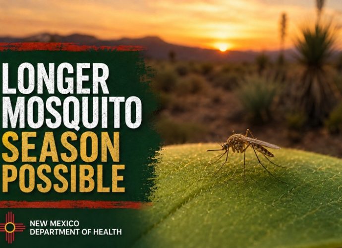 Mosquito resting on a leaf with a New Mexico sunset and the words “Longer Mosquito Season Possible.”