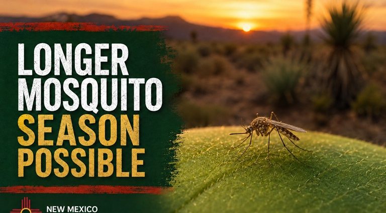 Mosquito resting on a leaf with a New Mexico sunset and the words “Longer Mosquito Season Possible.”