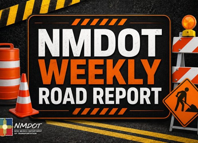 NMDOT chip-seal work zone on a rural Luna County roadway.