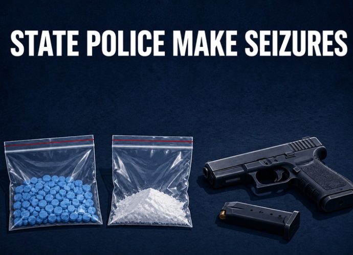 Illustration showing suspected fentanyl pills and powder, a handgun and a magazine in a State Police seizure investigation.