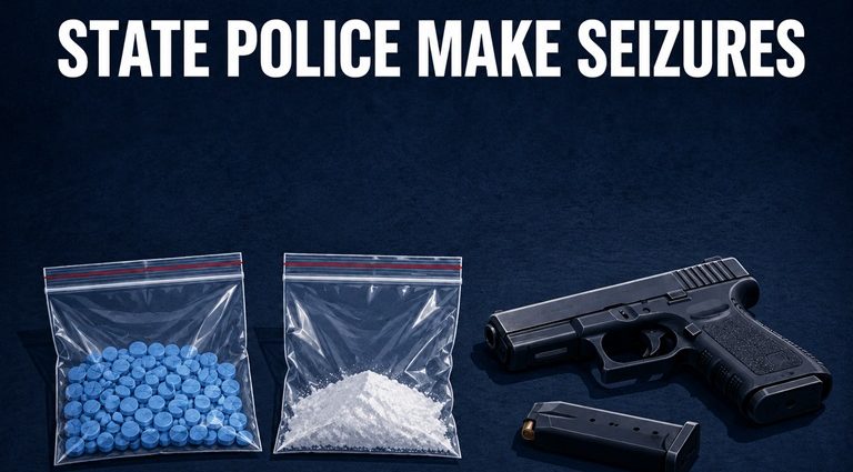 Illustration showing suspected fentanyl pills and powder, a handgun and a magazine in a State Police seizure investigation.