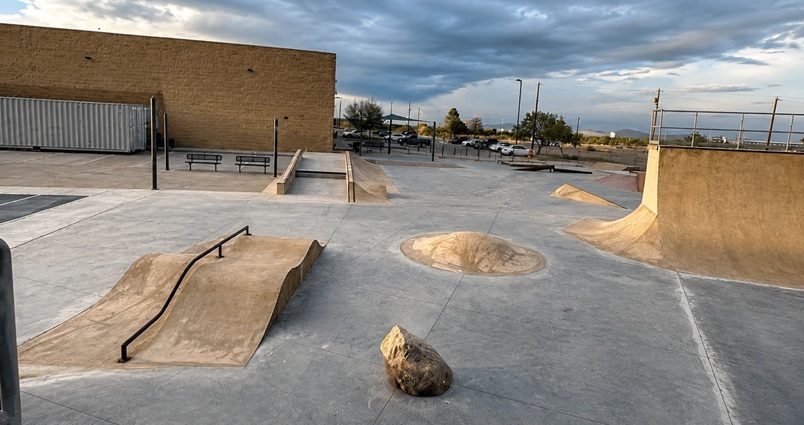 Starmax Skate Park in Deming, featuring concrete ramps, rails and skating obstacles.