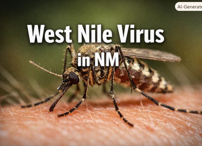 Mosquito graphic with the words “West Nile Virus in NM” and a warning about mosquito precautions.