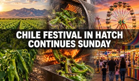 A blended illustration showing Hatch chile fields, roasting green chile and carnival rides during the Hatch Chile Festival.