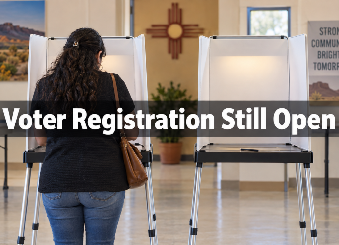 Hispanic woman voting at a polling-place booth beside an empty voting booth. Illustration.