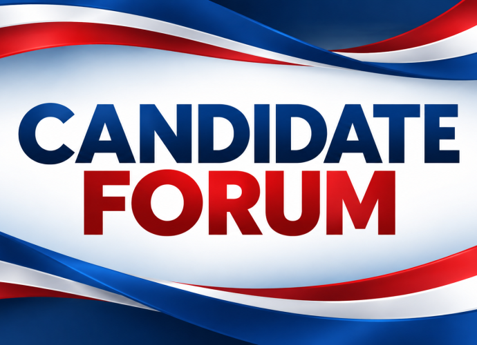 Red, white and blue Candidate Forum graphic