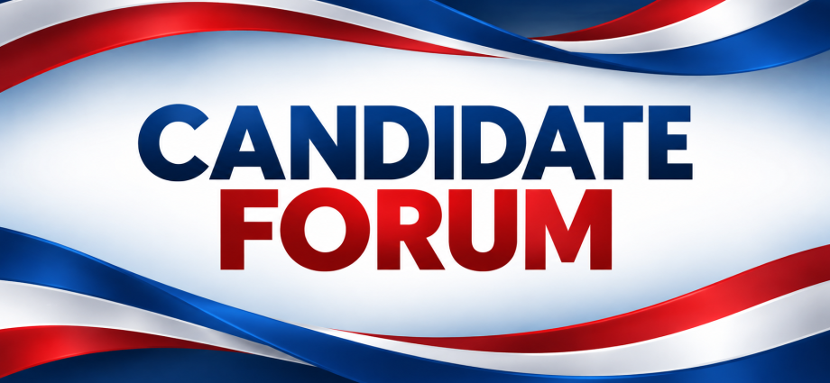 Red, white and blue Candidate Forum graphic