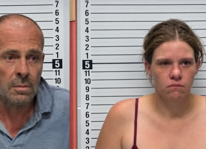 Bruce Anglin and Samantha Anglin in side-by-side booking photos.
