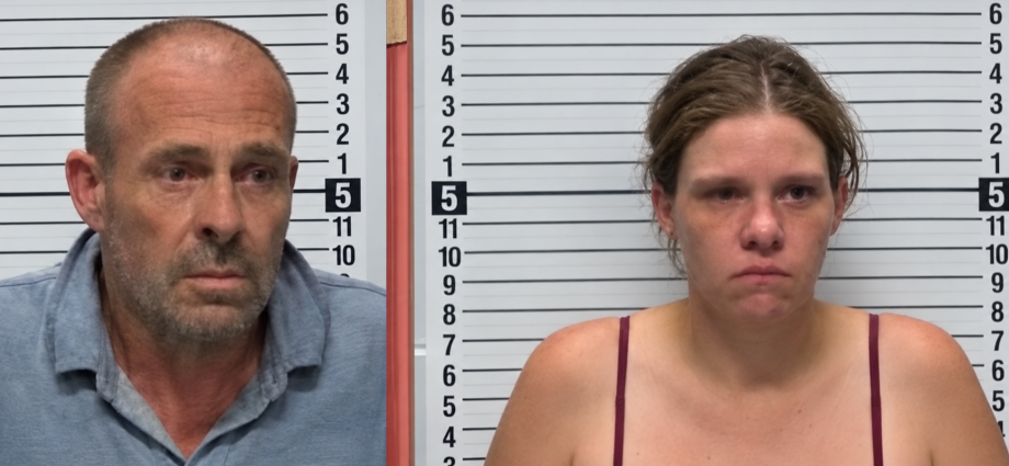 Bruce Anglin and Samantha Anglin in side-by-side booking photos.