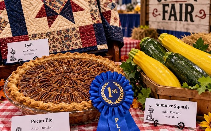 Southwestern New Mexico State Fair exhibit display with quilt, pecan pie and vegetables