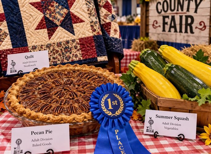 Southwestern New Mexico State Fair exhibit display with quilt, pecan pie and vegetables