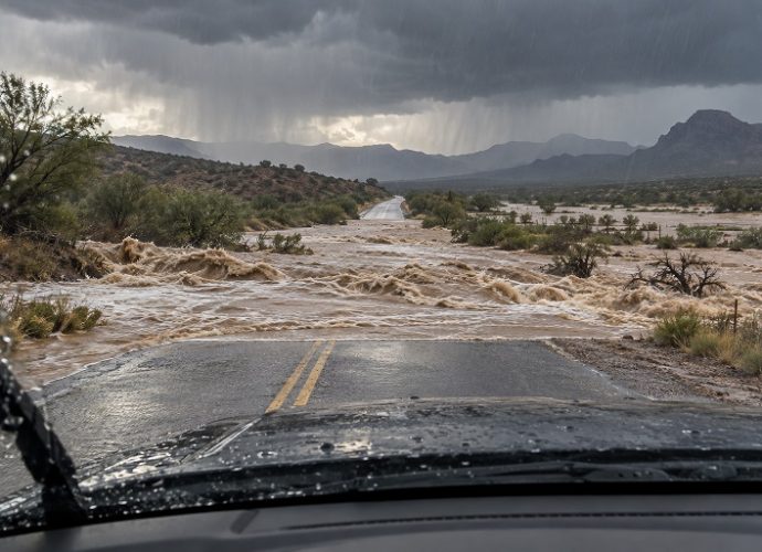 Illustration of floodwater rushing across a roadway during heavy rain in southwest New Mexico.