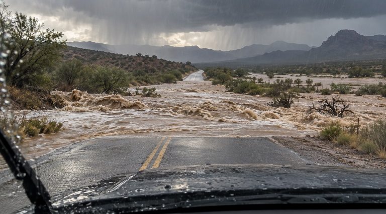 Illustration of floodwater rushing across a roadway during heavy rain in southwest New Mexico.