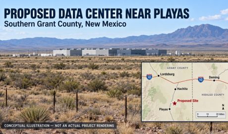 Conceptual illustration of a proposed data center near Playas, New Mexico, with a regional location map.