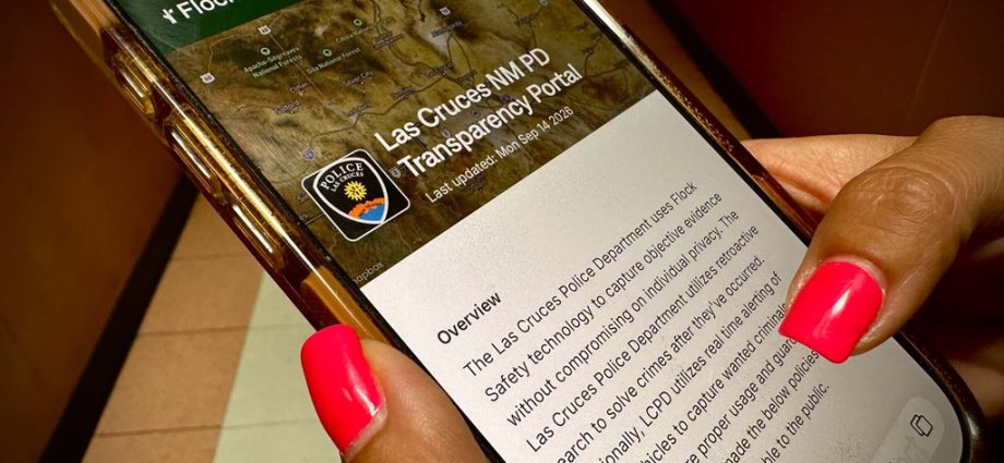 A person holds a phone displaying a Las Cruces information page.