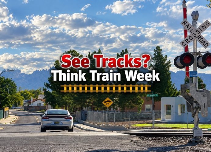 Railroad crossing promoting See Tracks? Think Train Week and railroad safety in Deming and Luna County.