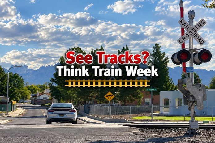 Railroad crossing promoting See Tracks? Think Train Week and railroad safety in Deming and Luna County.