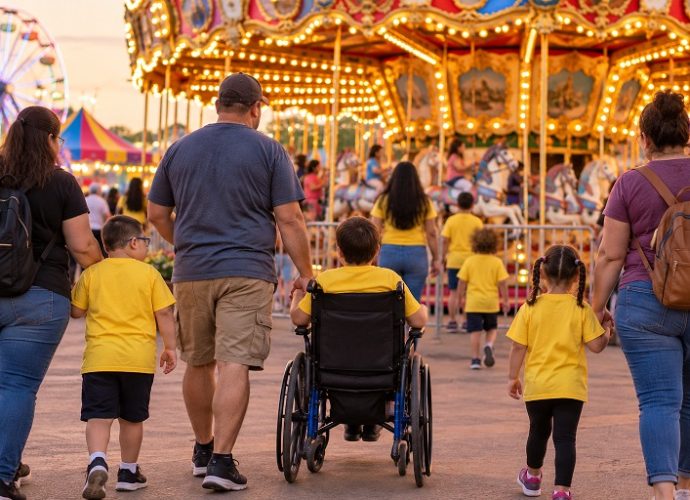 Children wearing yellow T-shirts attending a low-sensory carnival event with their families