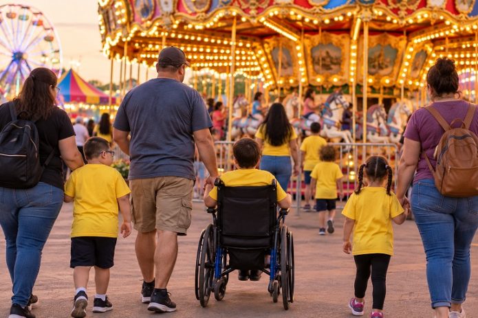 Children wearing yellow T-shirts attending a low-sensory carnival event with their families