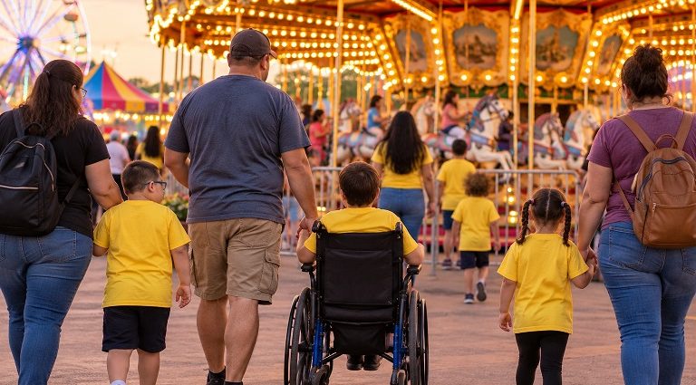 Children wearing yellow T-shirts attending a low-sensory carnival event with their families
