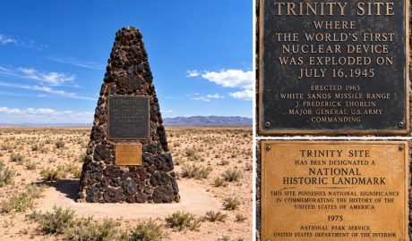 Trinity Site monument with enlarged historical plaques displayed alongside it.