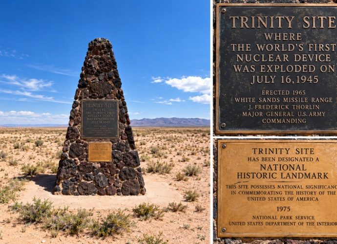 Trinity Site monument with enlarged historical plaques displayed alongside it.