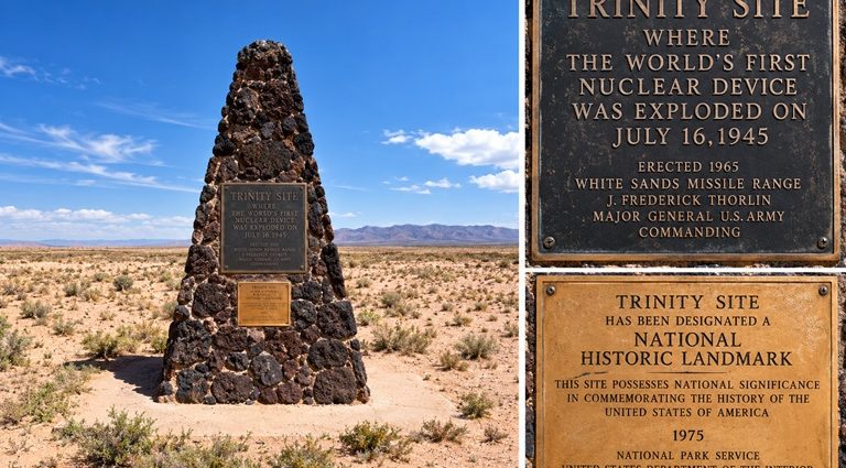 Trinity Site monument with enlarged historical plaques displayed alongside it.