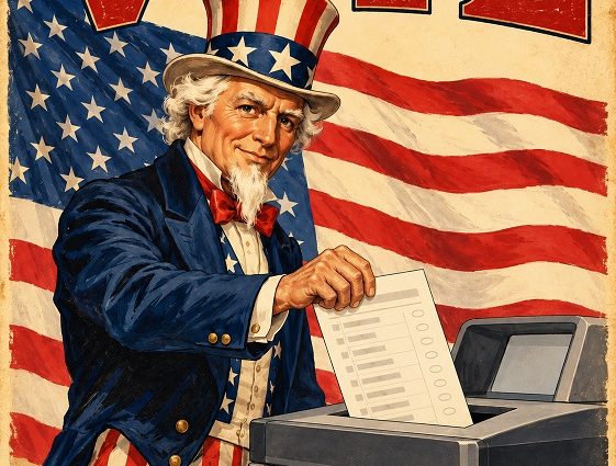 Alt Text: Vintage-style illustration of Uncle Sam feeding a paper ballot into a voting tabulator, with an American flag behind him. Title: