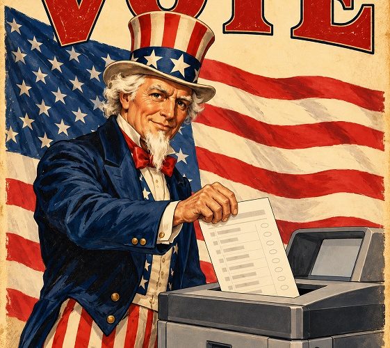 Alt Text: Vintage-style illustration of Uncle Sam feeding a paper ballot into a voting tabulator, with an American flag behind him. Title: